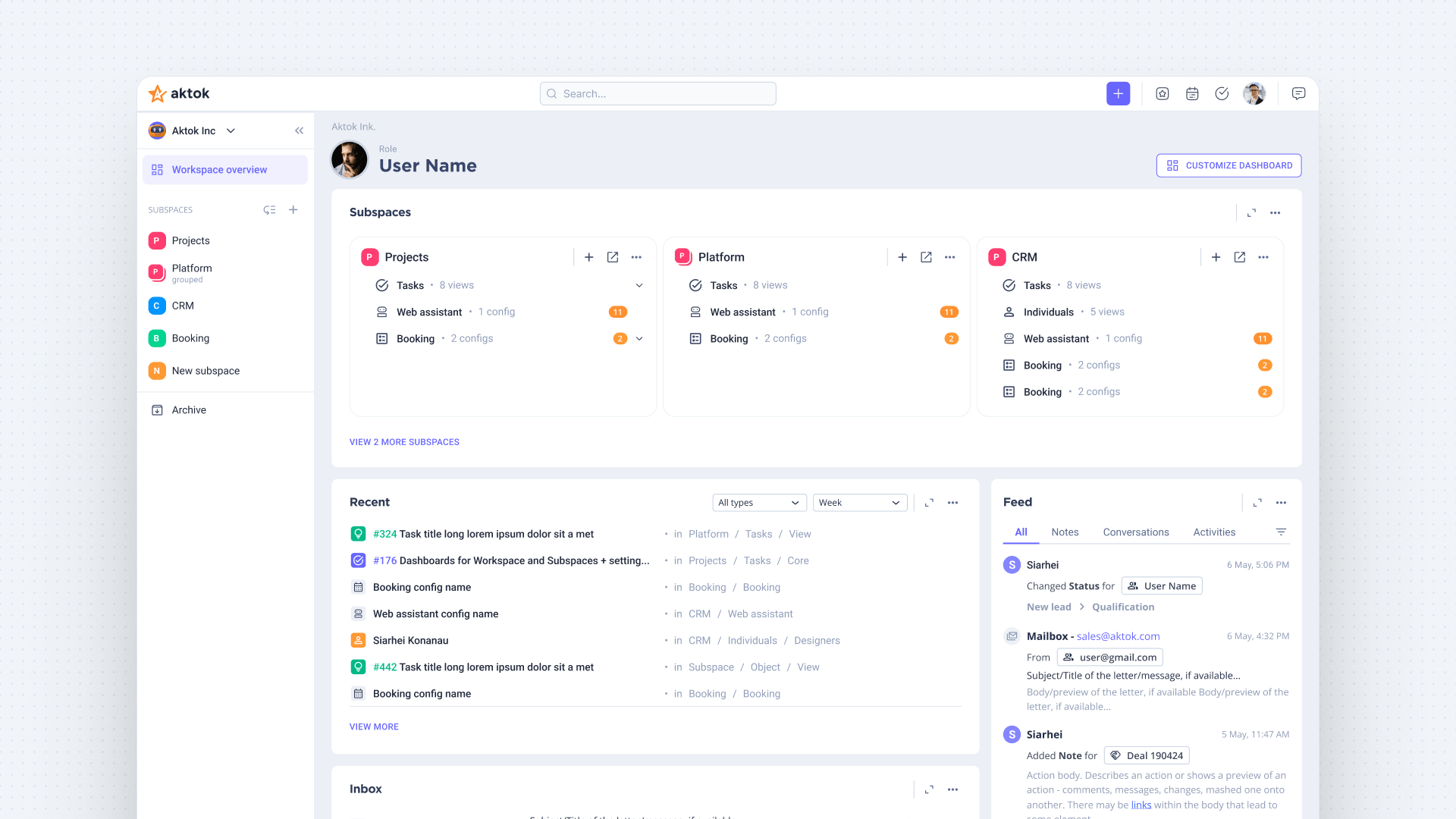 Aktok workspace dashboard with subspaces, tasks, and activity feed