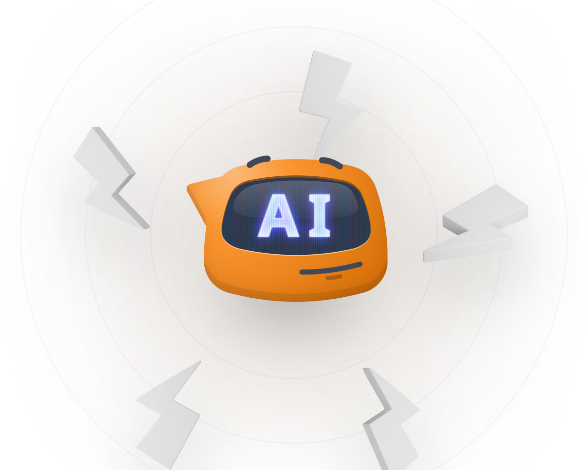 Aktok AI-powered robot mascot with lightning bolts