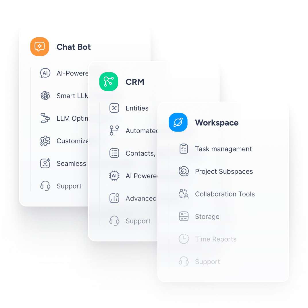 Aktok platform modules — Chat Bot, CRM, and Workspace feature cards