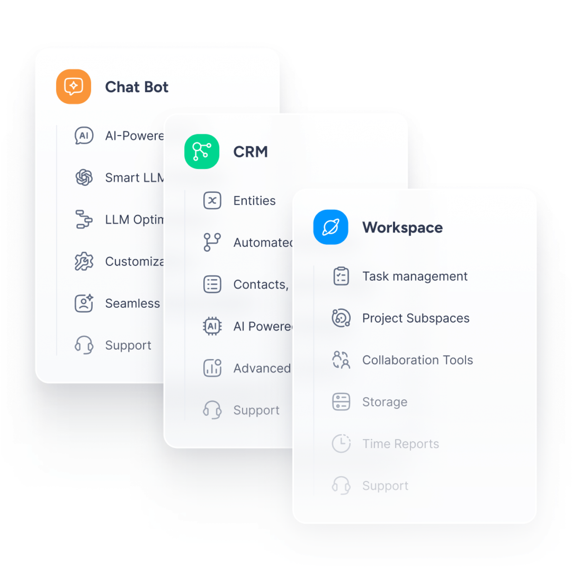 Aktok platform modules &mdash; Chat Bot, CRM, and Workspace feature cards