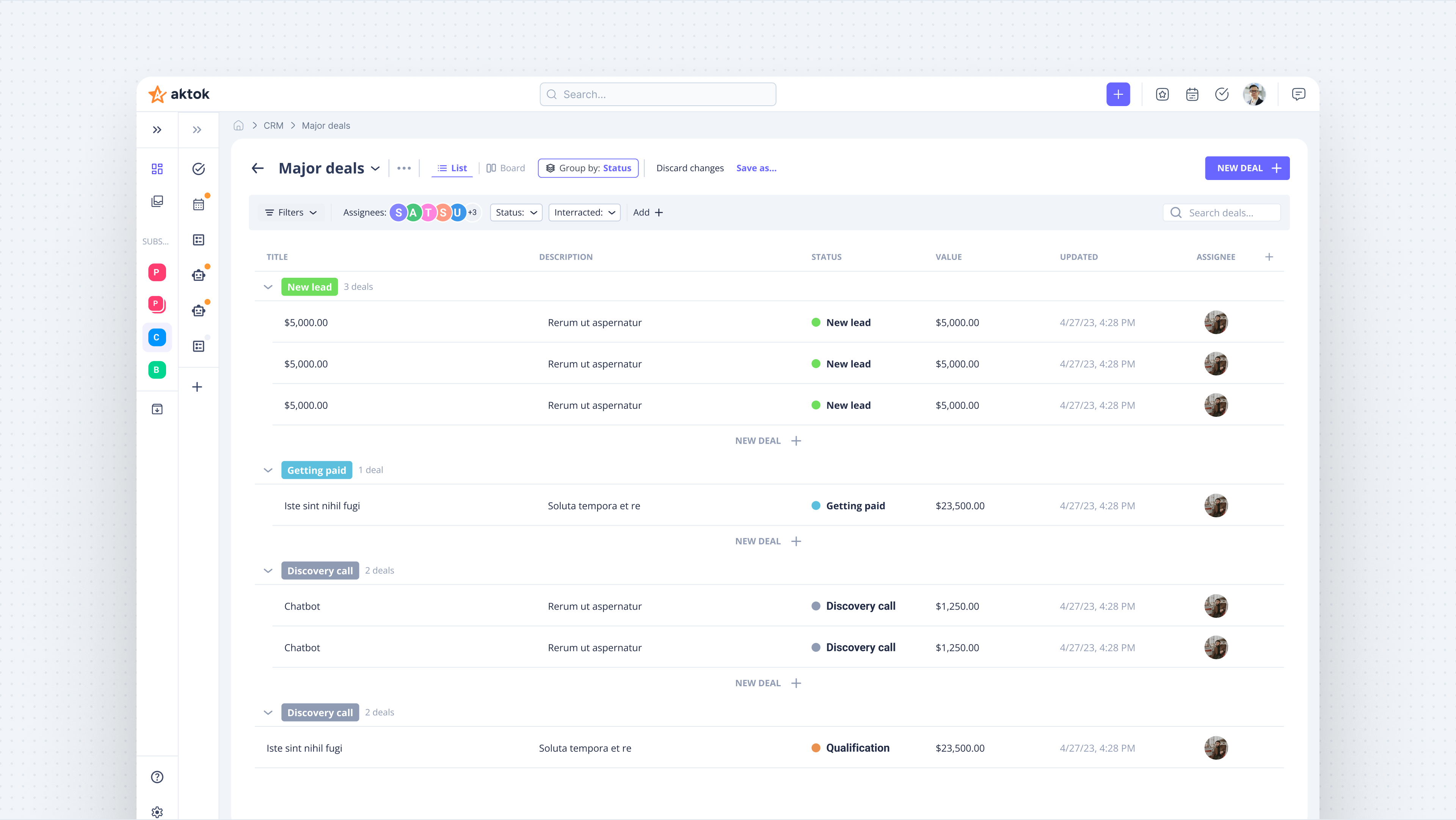 Aktok CRM deals view with pipeline management and status tracking