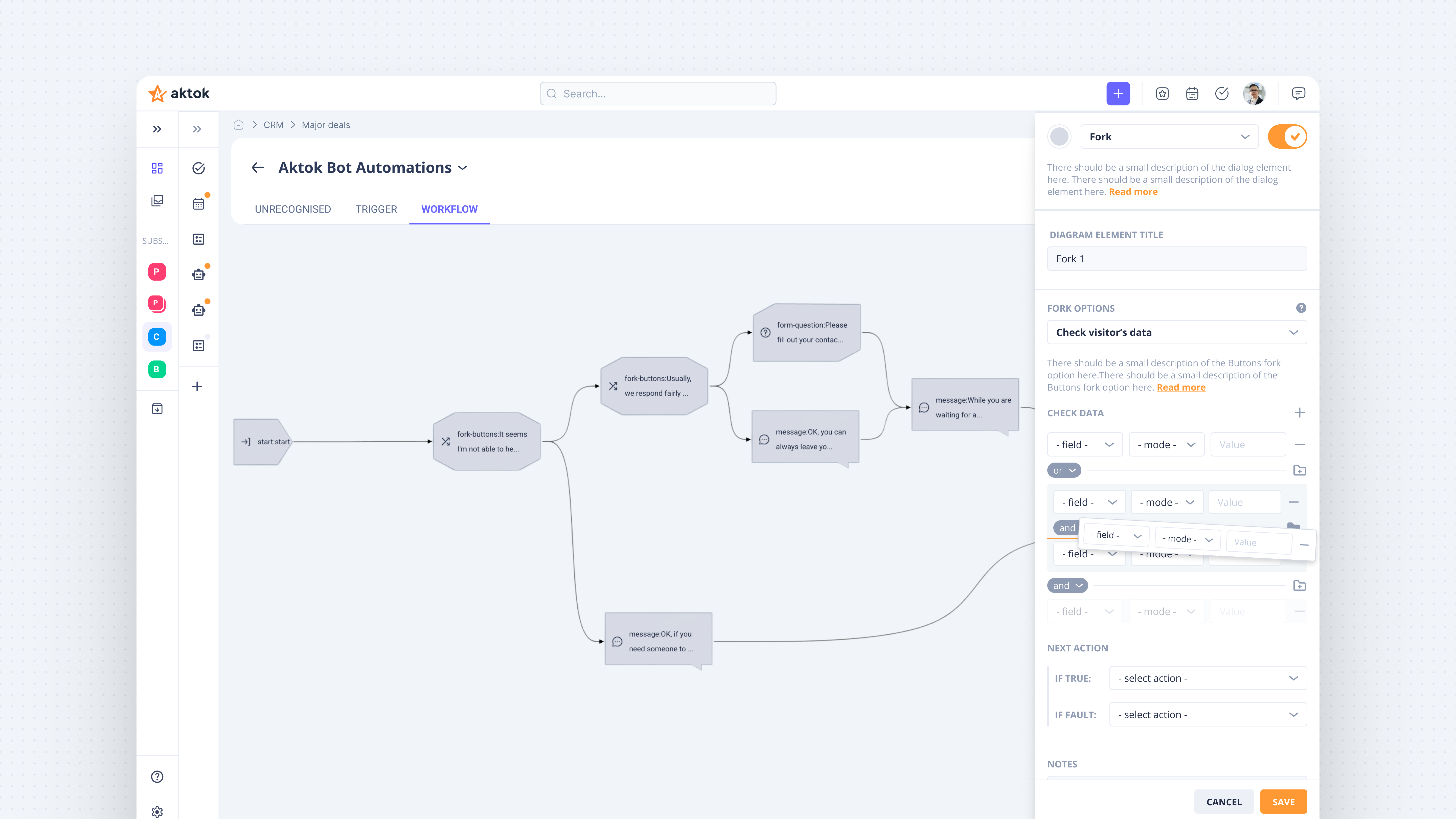 Aktok smart automation workflow with connected triggers, integrations, and data processing