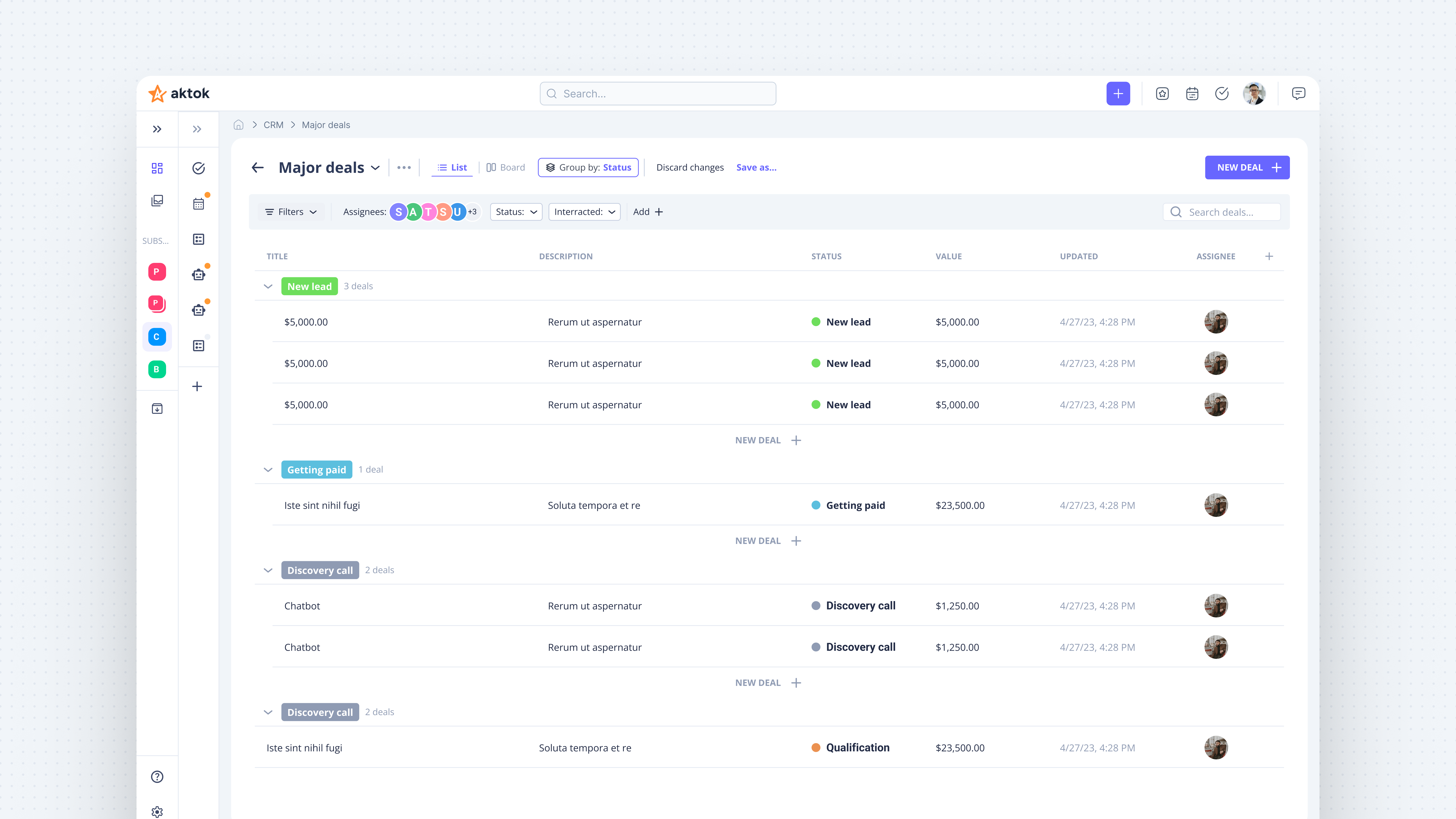 Aktok CRM task board with kanban columns for pipeline management