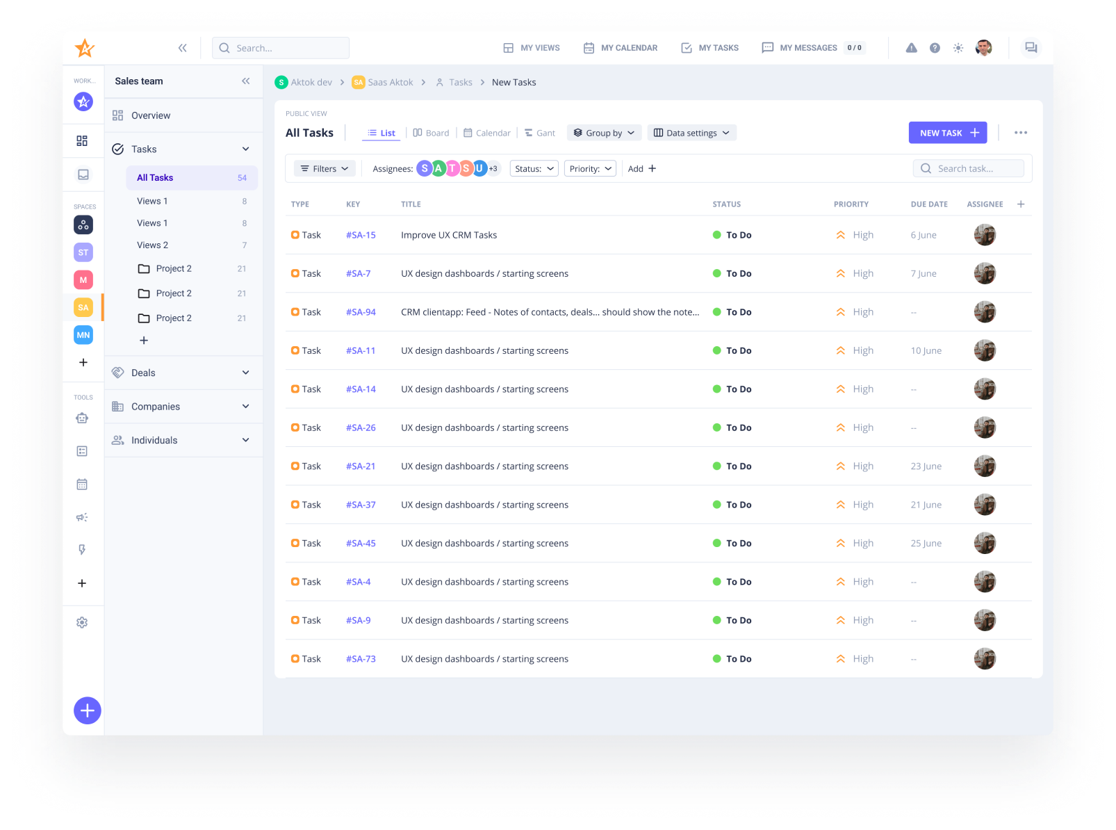 Aktok project management workspace with task boards