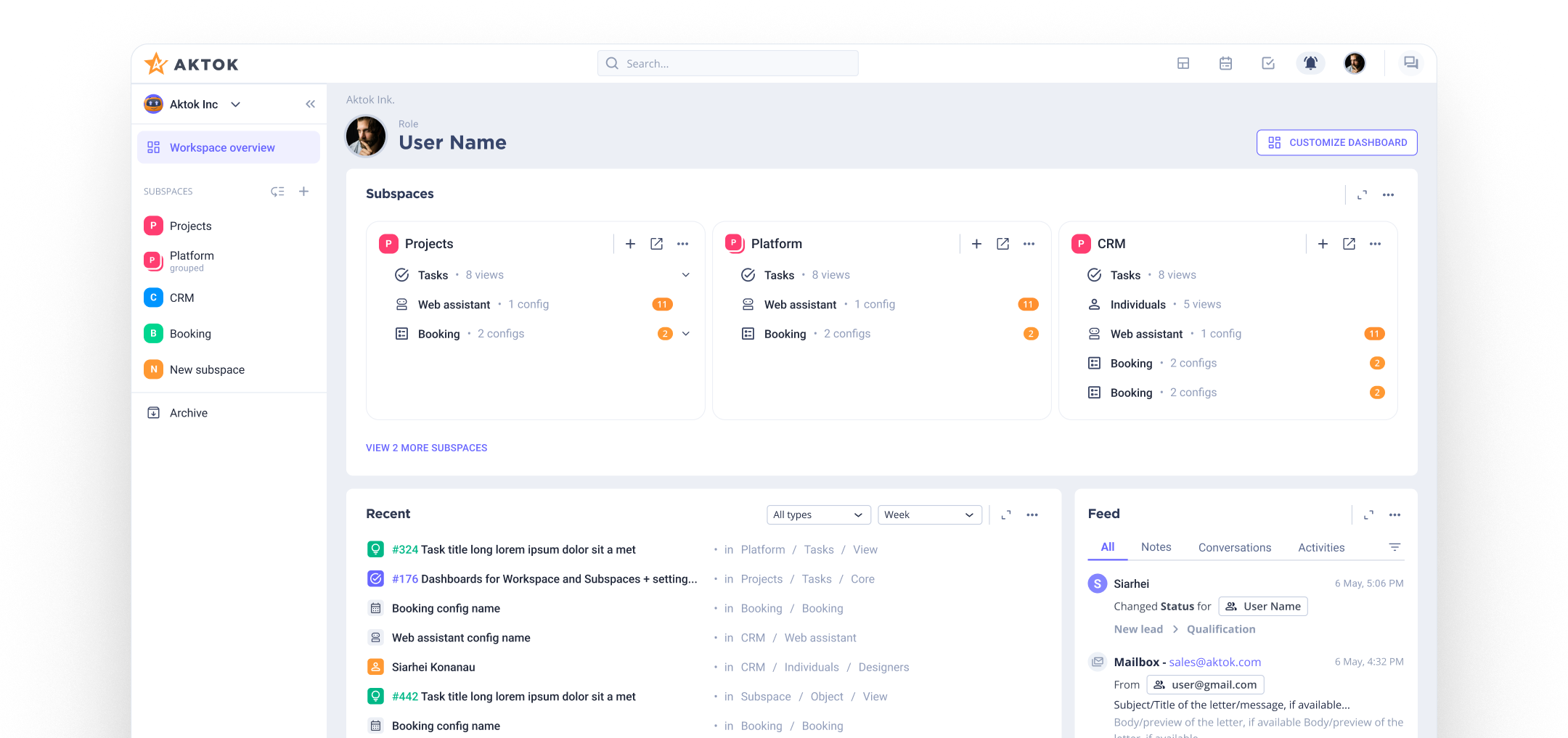 Aktok digital workspace dashboard showing subspaces, task overview, and activity feed