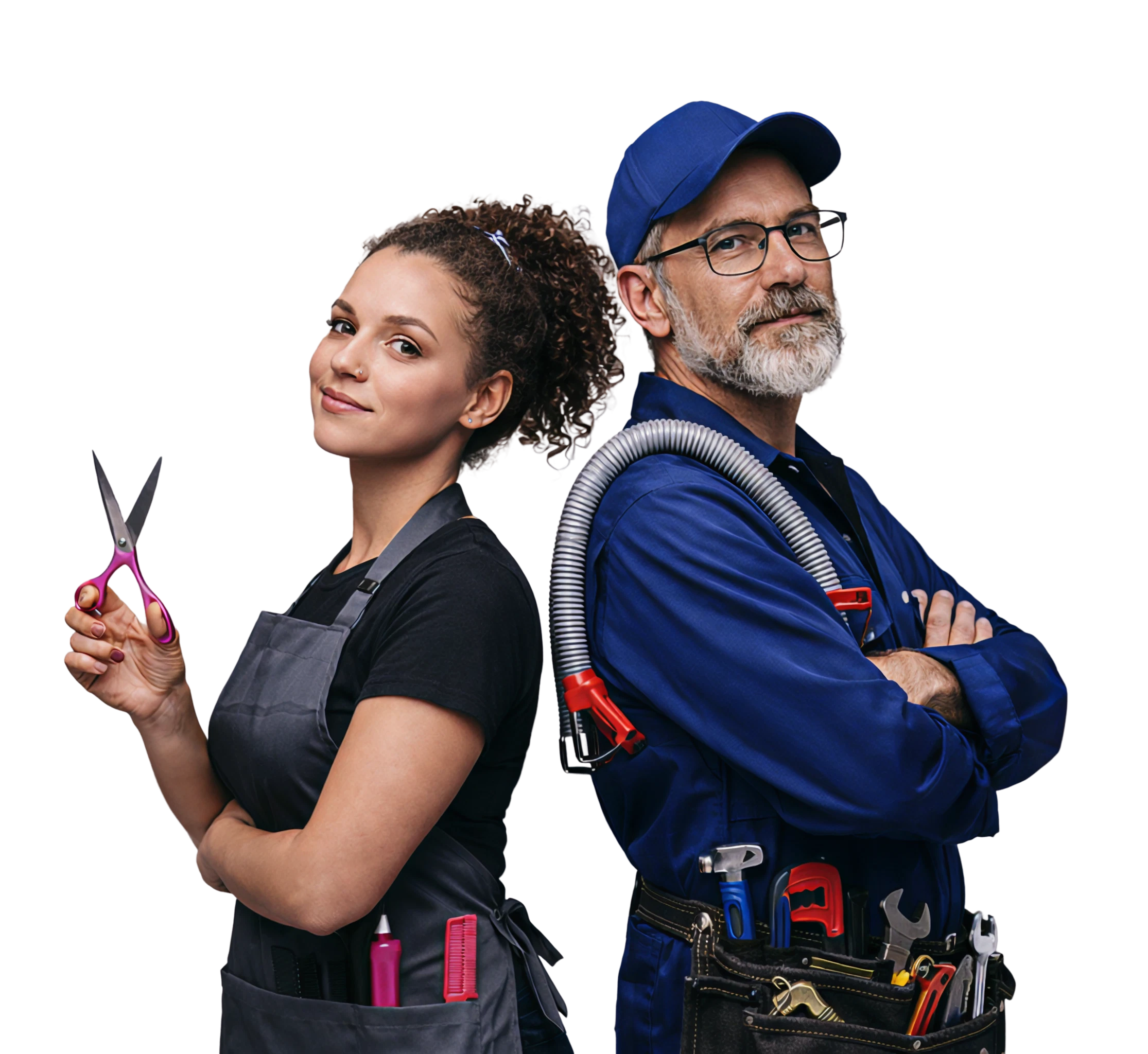 Professionals including a hairdresser and contractor ready to take appointments