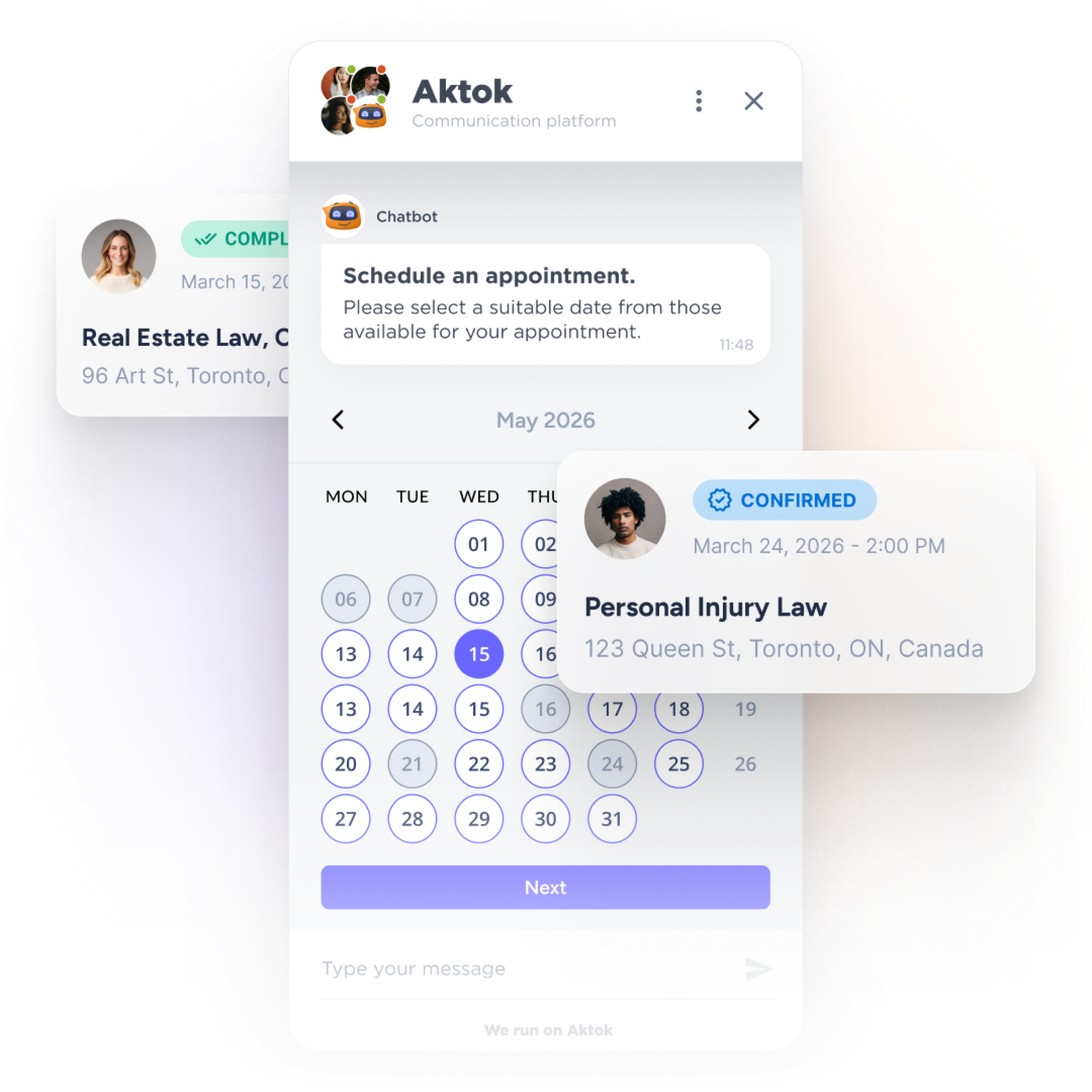 Aktok appointment scheduling interface showing calendar, chat, and booking confirmation