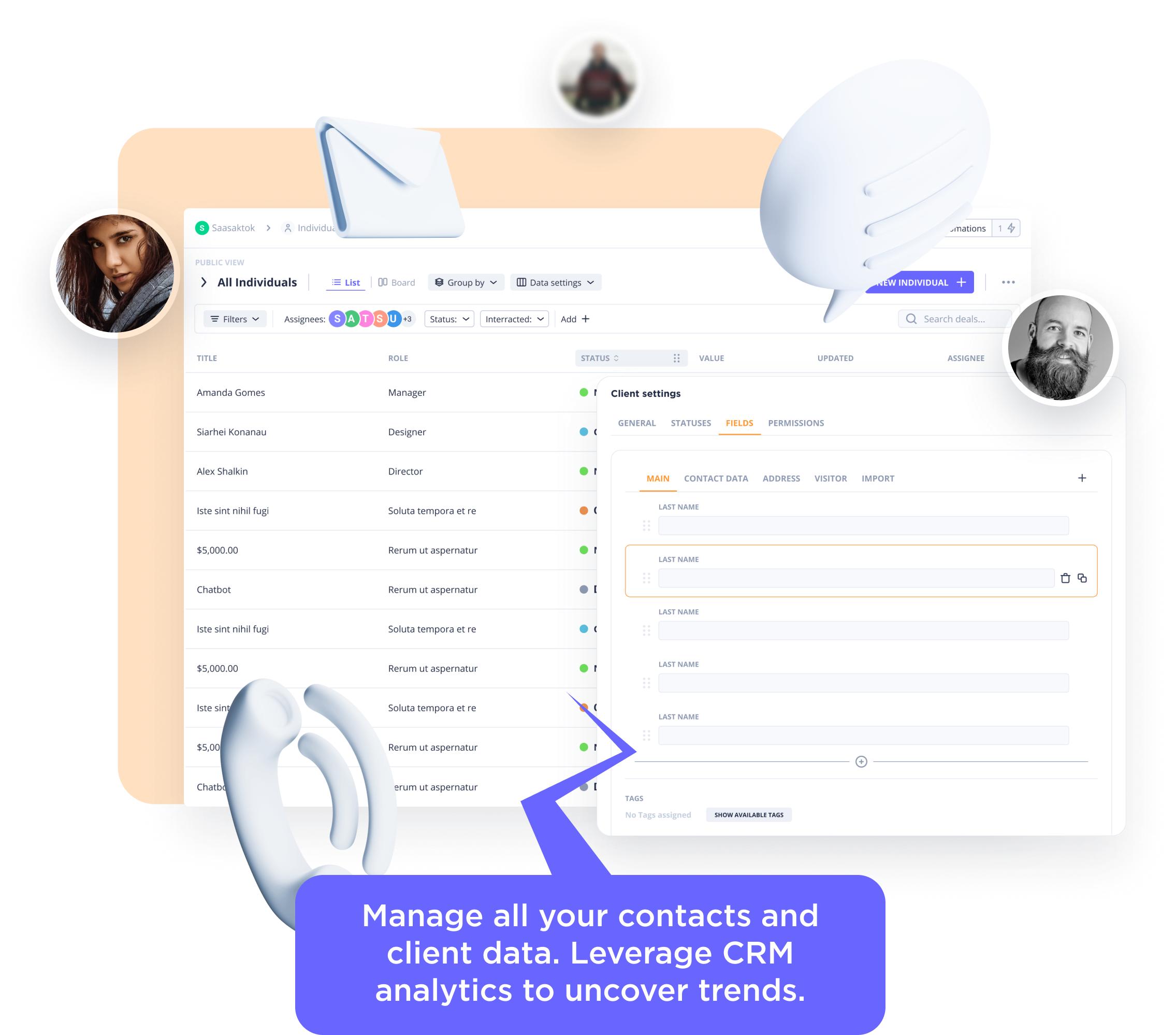 CRM contacts and analytics dashboard
