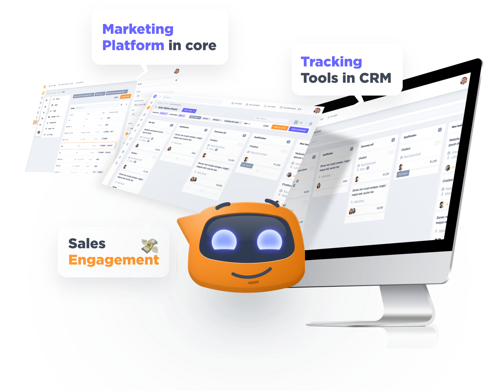 Aktok CRM dashboard with mascot, marketing platform and tracking tools