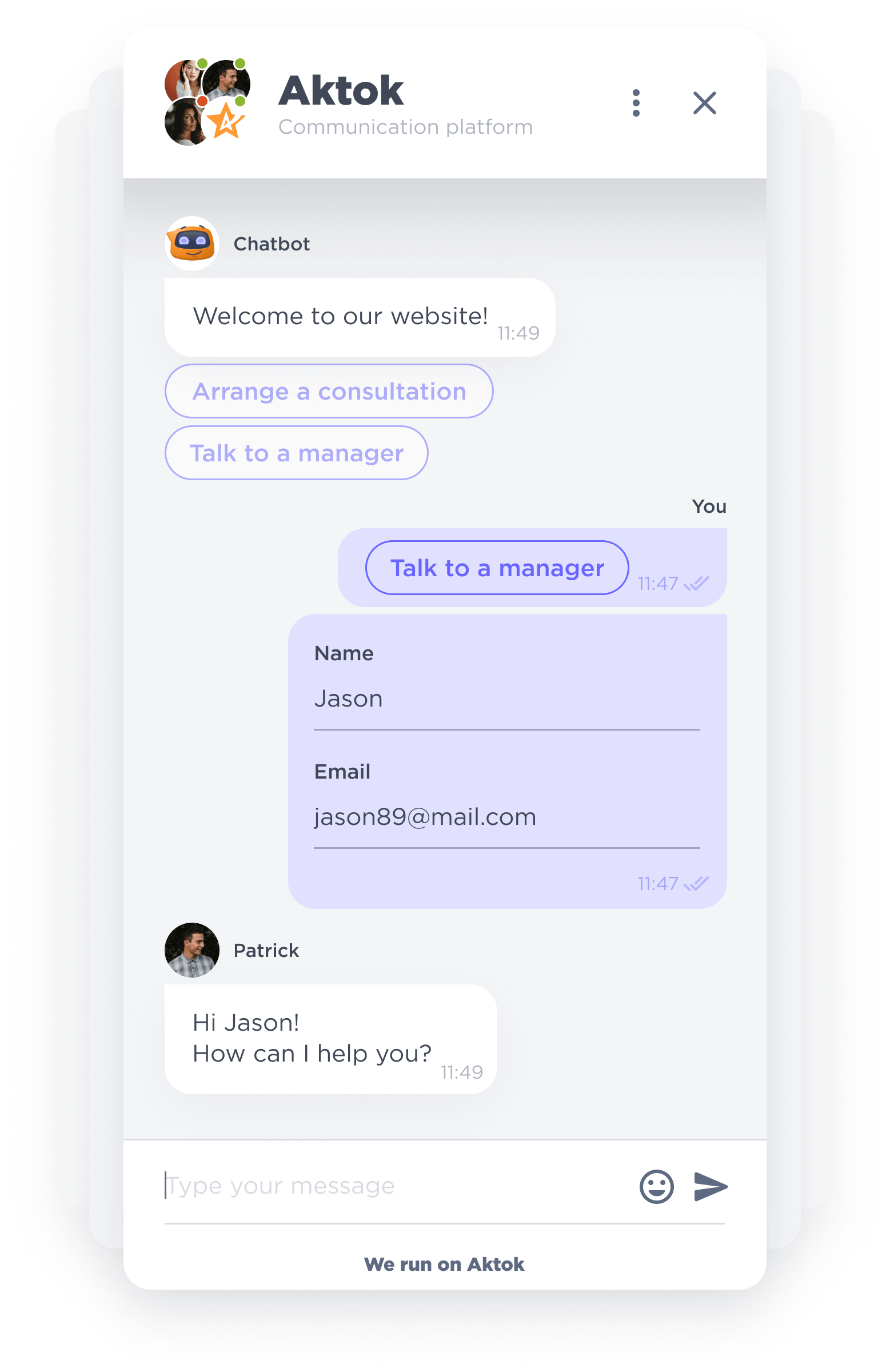 Aktok live chat interface on mobile device