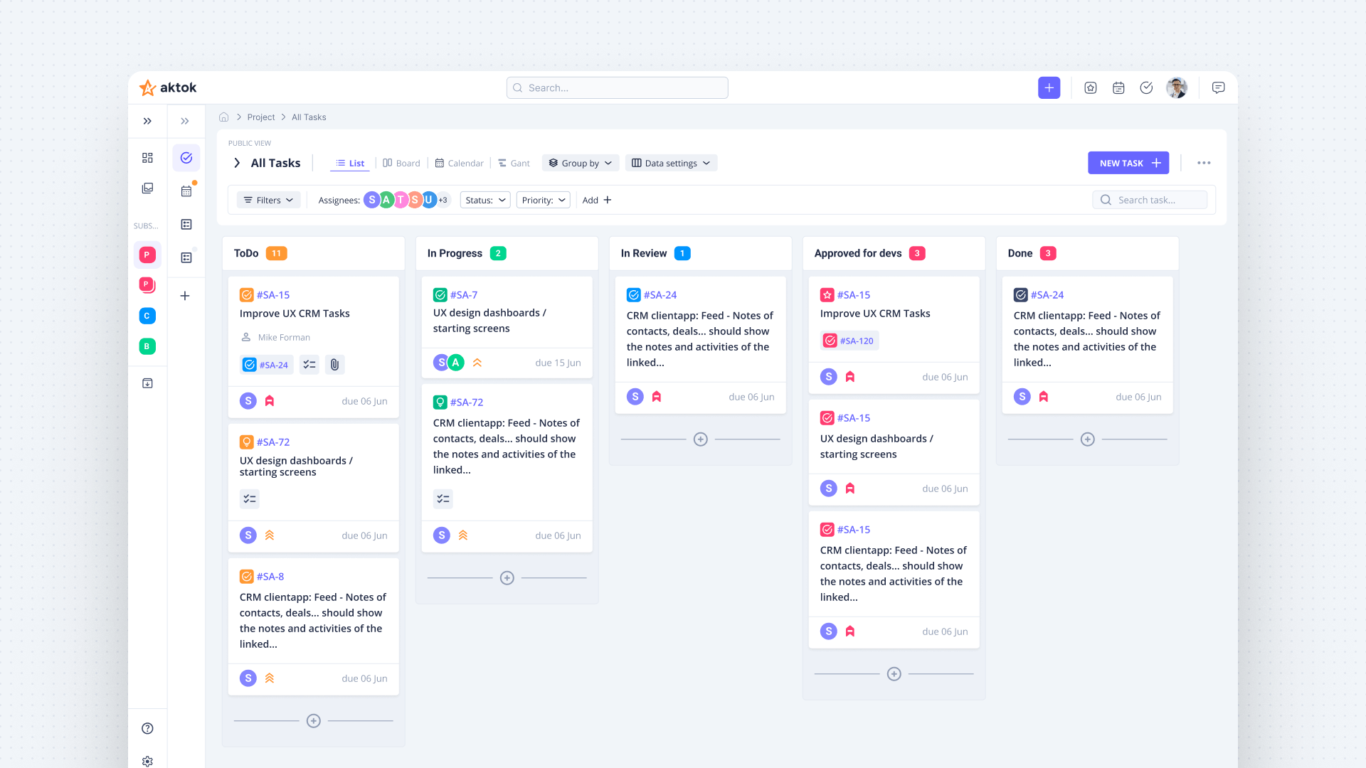 Aktok project management Kanban board with task columns and team assignments
