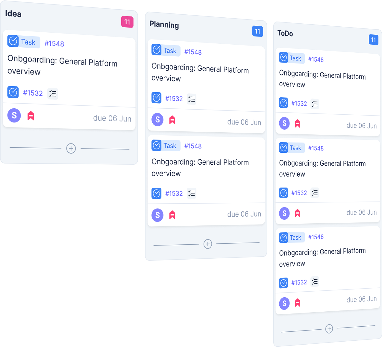 Aktok Kanban task board with columns for planning, in progress, and completed tasks