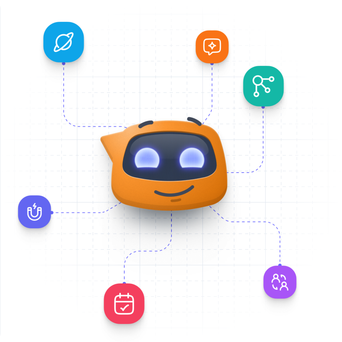 Aktok AI mascot with connected feature icons for CRM, chat, automation, and analytics