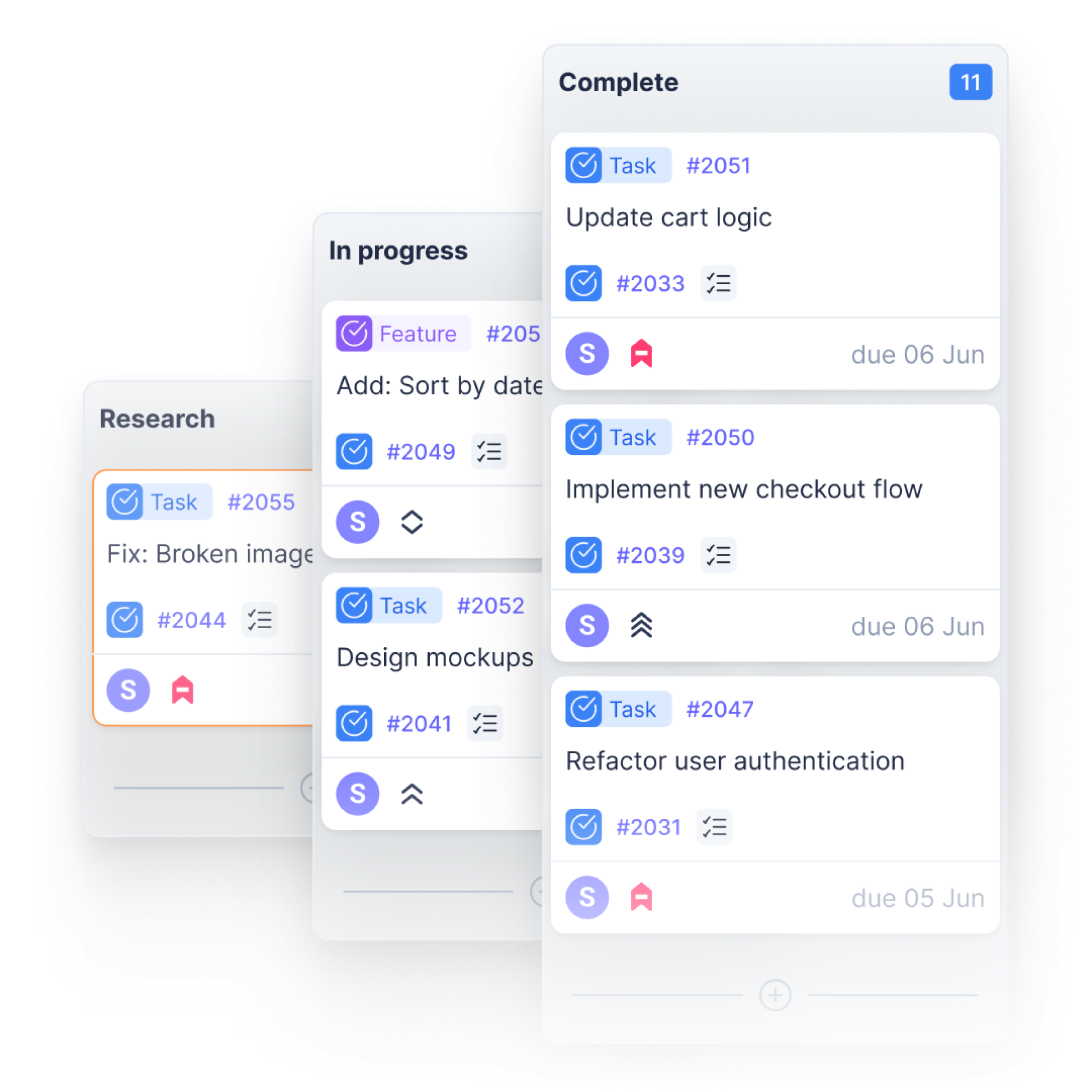 Aktok Kanban task board showing project workflow with Complete, In Progress, and Research columns