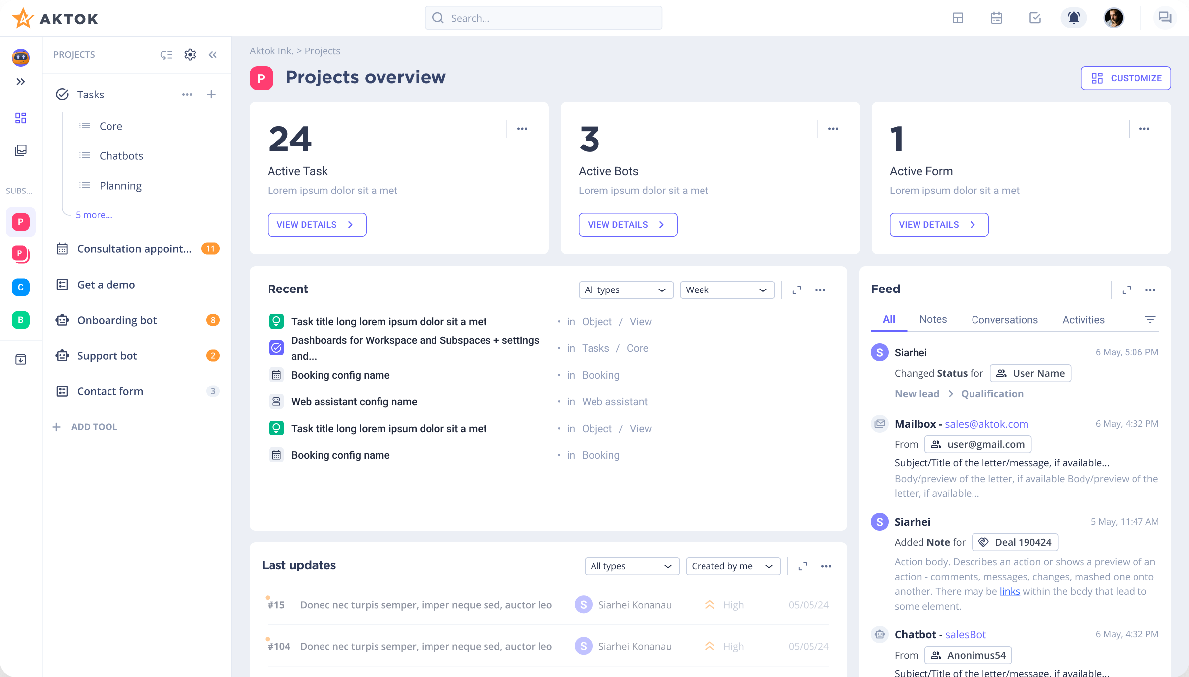Aktok project management dashboard showing projects overview with active tasks and recent updates