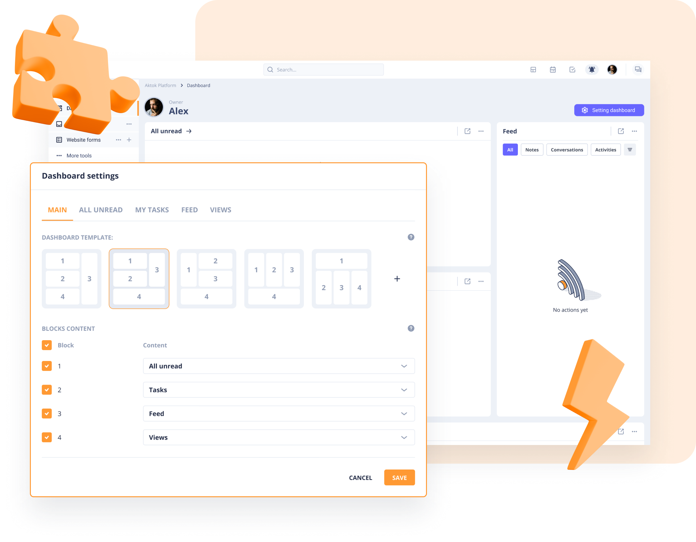 Aktok Workspace flexible dashboard with timesheet and task views