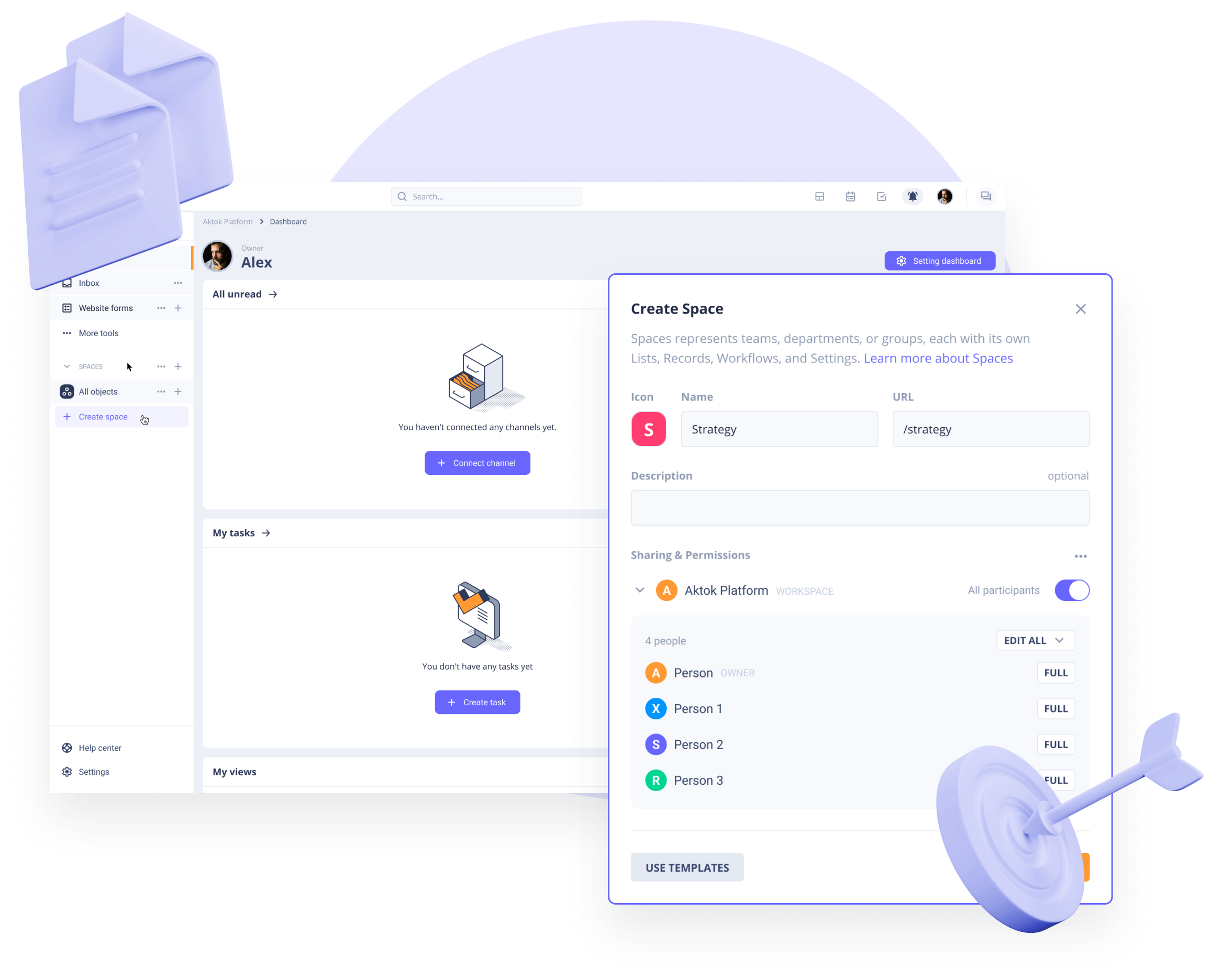 Aktok Workspace dashboard showing multiple project goals and task overview