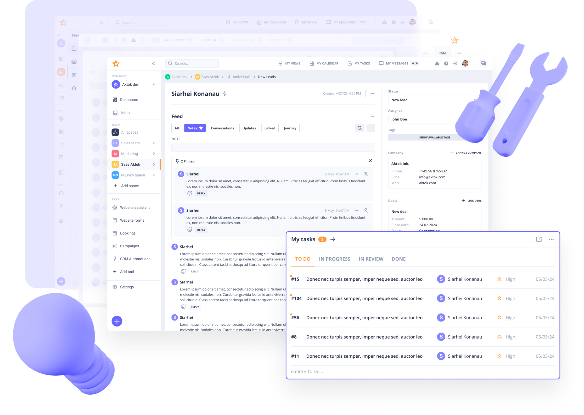 Aktok Workspace real-time reports showing task distribution and project progress