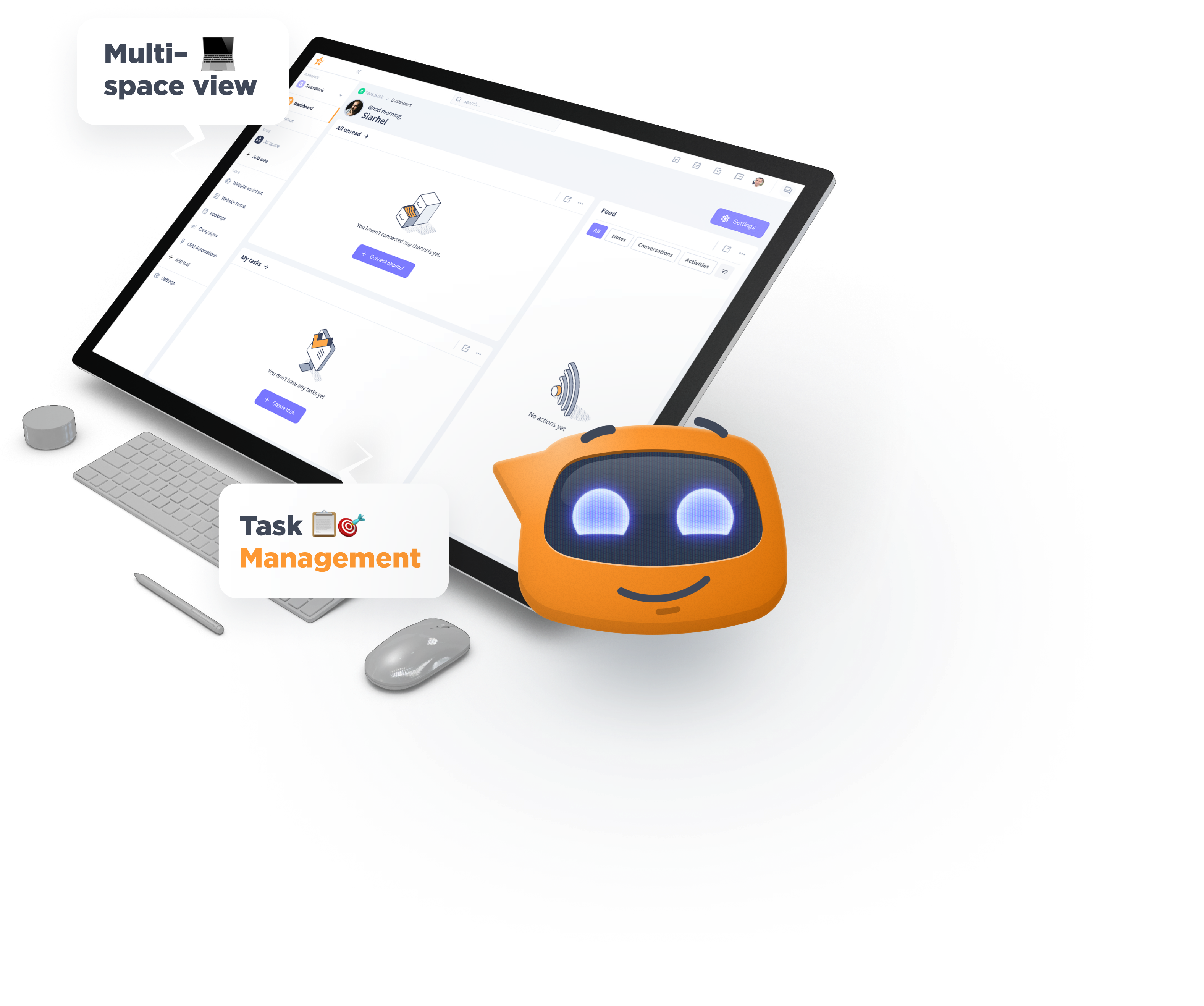 Aktok Workspace dashboard with chatbot assistant, multi-space view, and task management
